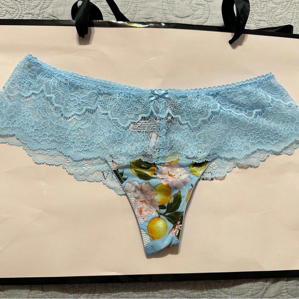 Victoria Secret Floral Lace Waist Hipster Thong Panty Blue Lemon